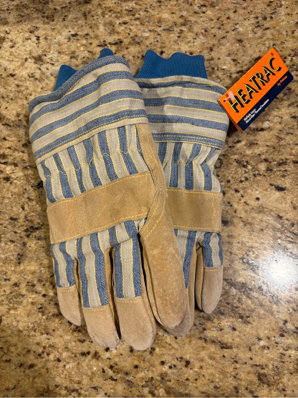 Men's Thermal Insulated Heatrac Leather-Striped Work Gloves - Blue & Tan